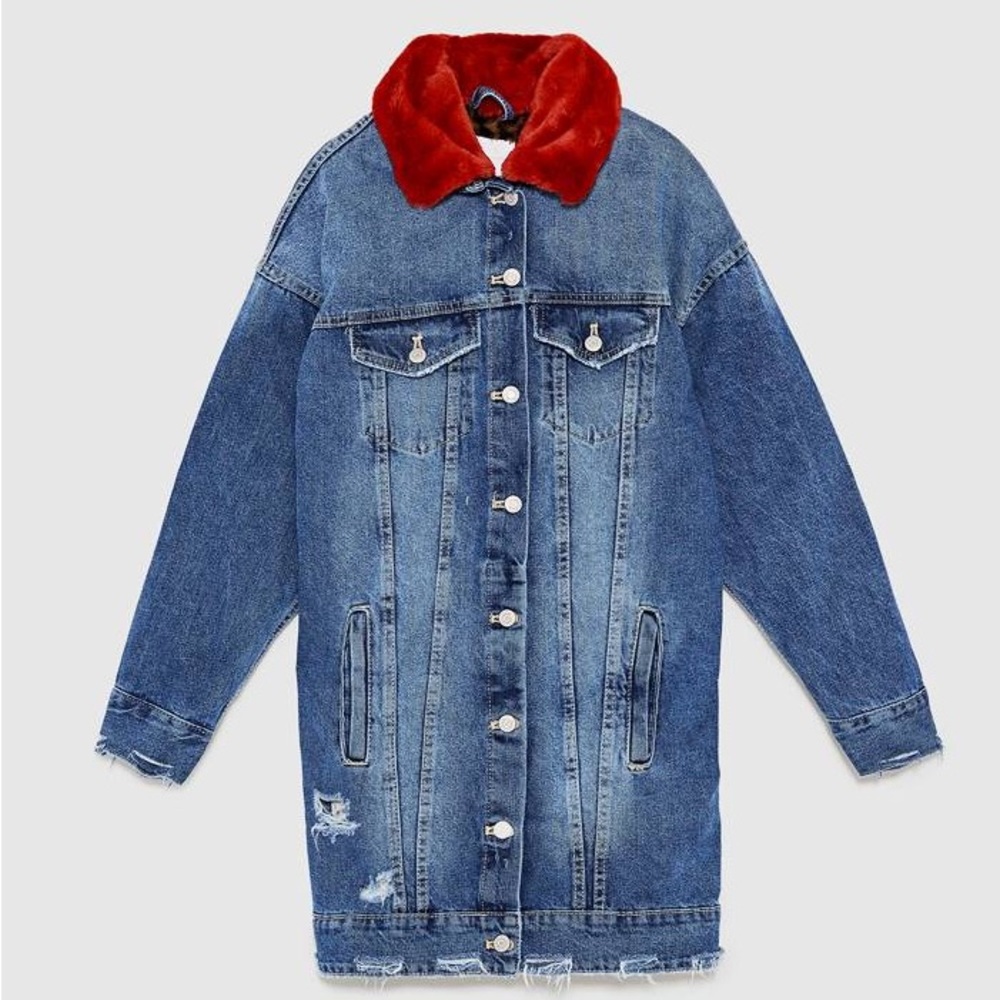 NWT Zara TRF Denim Jacket faux Fur Lined Detachable Red Faux Fur Collar size S